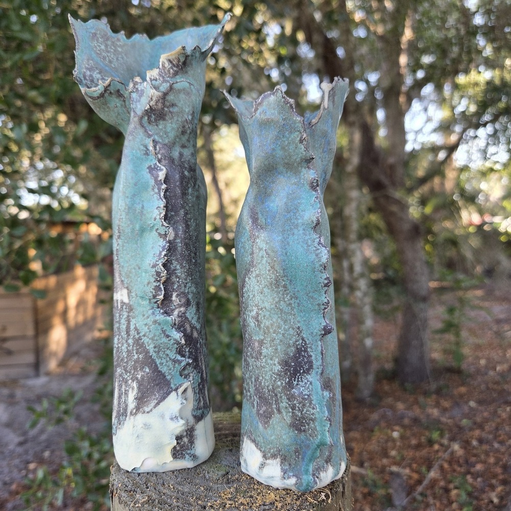 Set of 2 Brutalist MCM Style Danish Made Turquoise Ceramic Bud Vases Signed